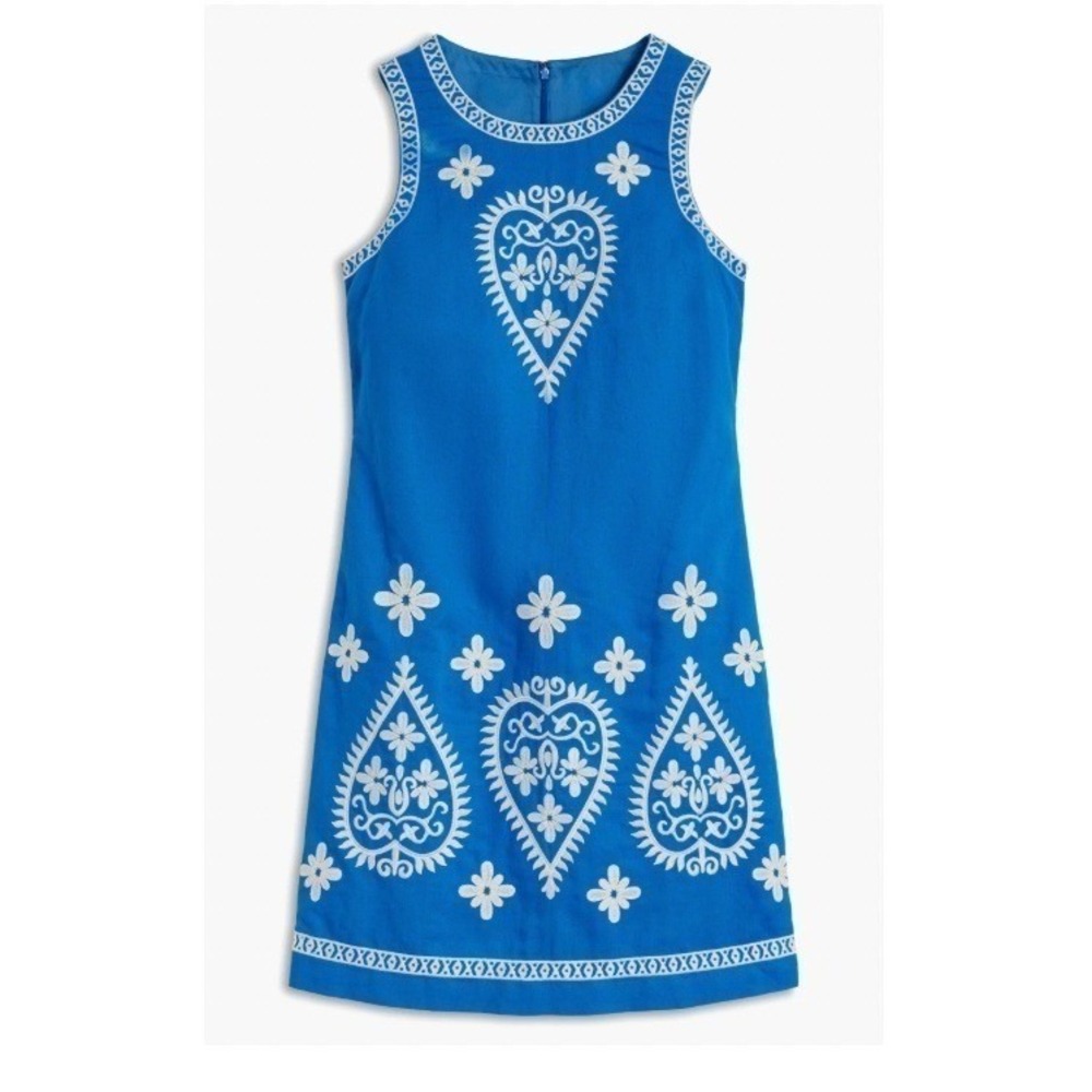 Boden Blue White Embroidered Heart Flower Shift Dress Garden Party Sz 14 NWT
